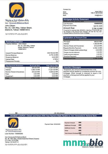 Iran-Wenezuela Bank Dwunarodowy wyciąg z kredytu hipotecznego szablon Word i PDF
